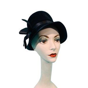 Vintage 1950s Bucket Hat Luxuria Black Satin Bow Tall Hat